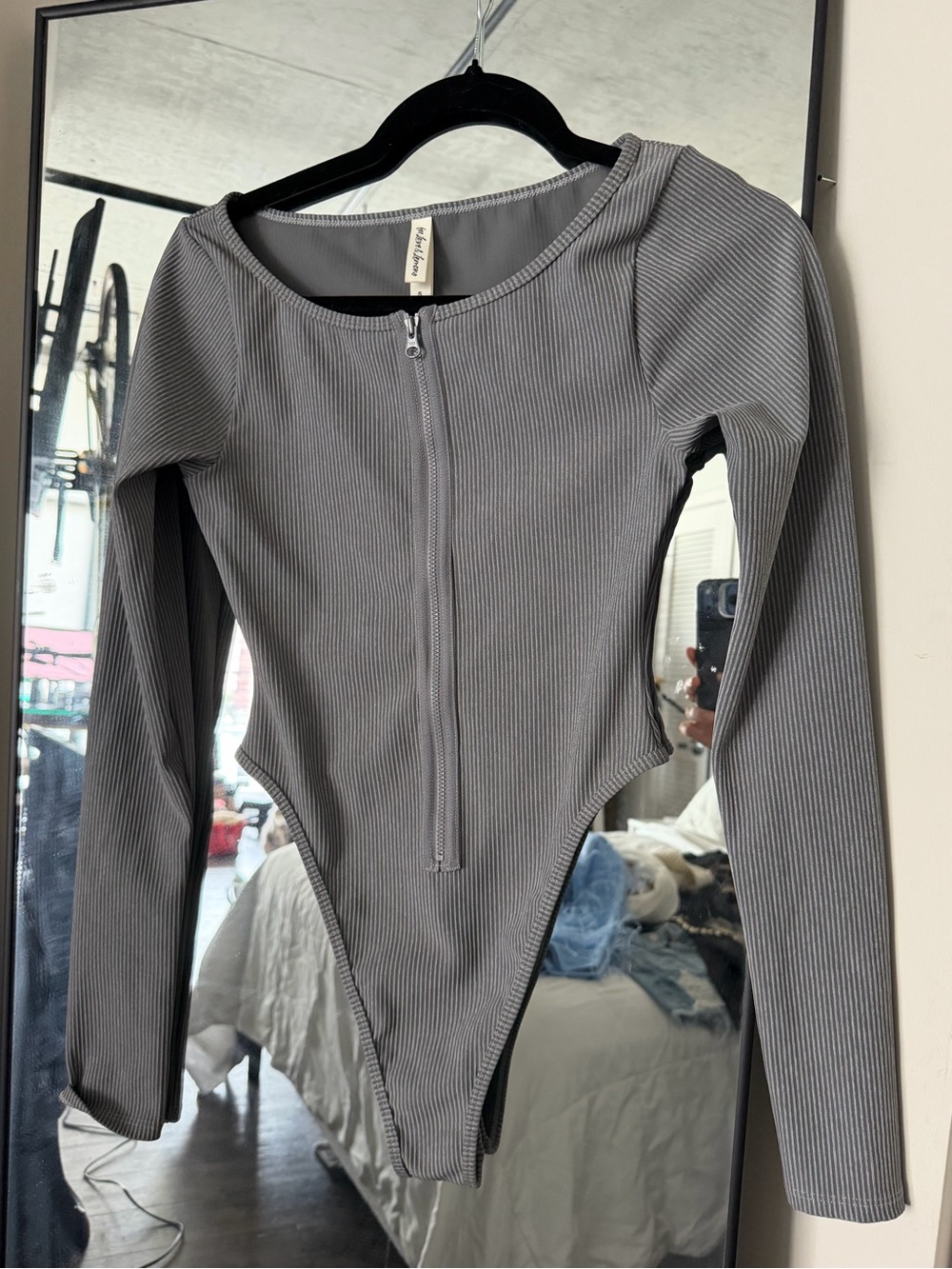 For Love & Lemons Gray Ribbed Long-Sleeve Bodysuit with Front Zipper